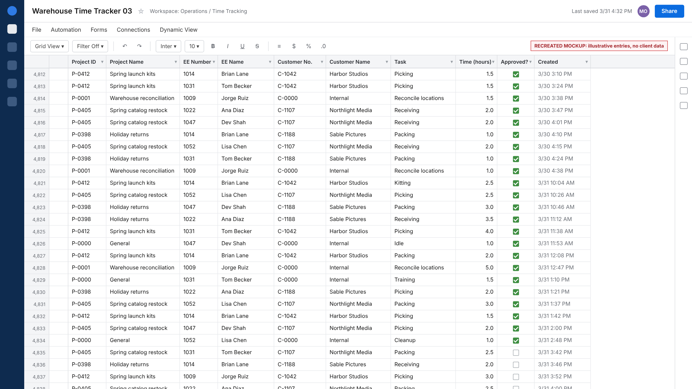 Recreated Smartsheet warehouse time tracker
